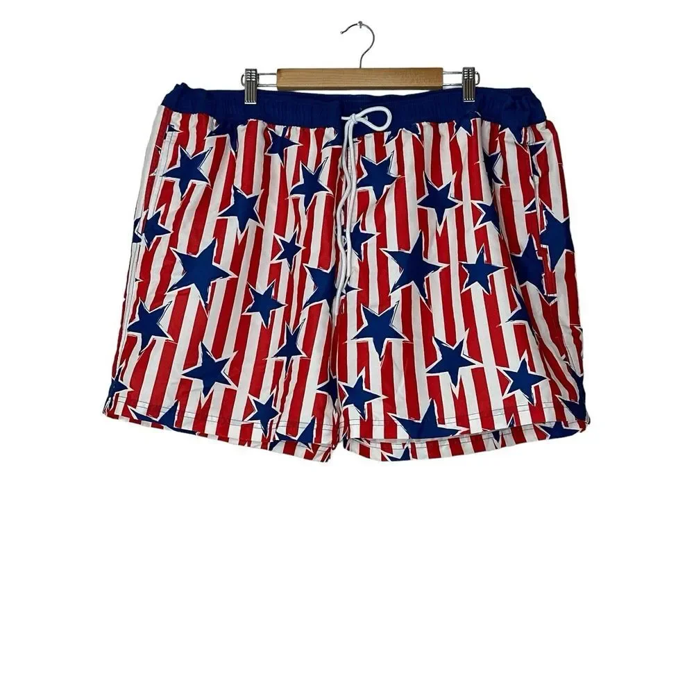 Swim Shorts Men's XXL Star Print Striped Americana‎ Blue/Red beach Outdoor